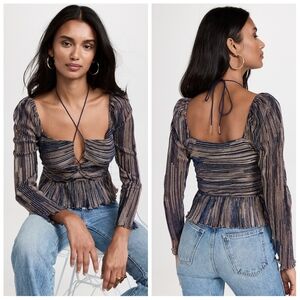 Saylor Kamara Metallic Long Sleeve Halter Neck Blouse XS Indigo Blue Gold